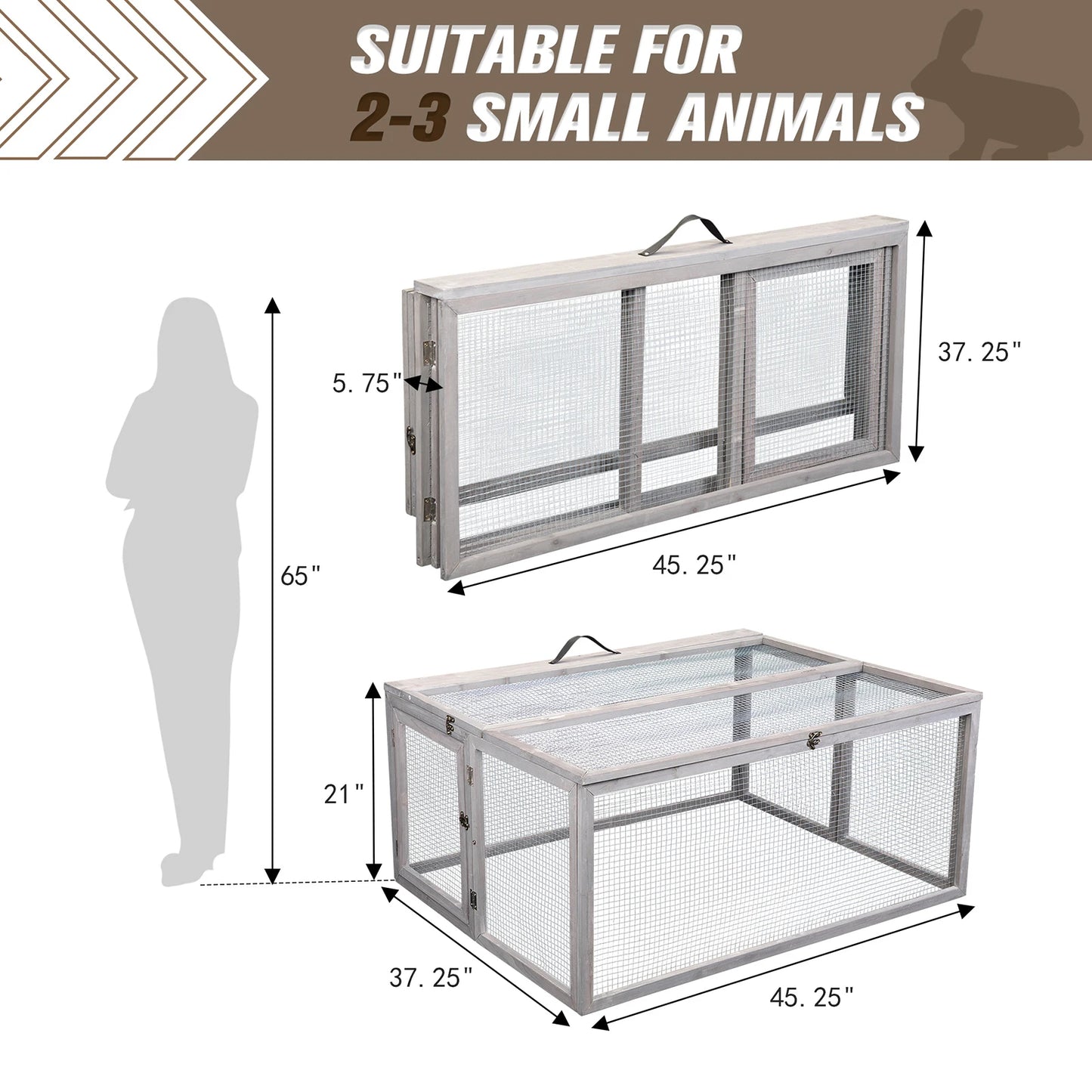 Folding Rabbit Hutch Outdoor Bunny Cage, Portable, Gray