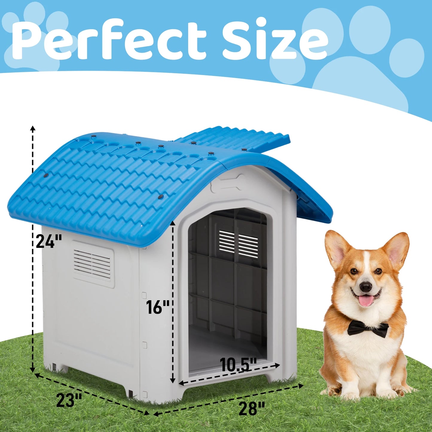 28 inch Raised Plastic Dog House Outdoor With Adjustable Sunroof and Elevated Base