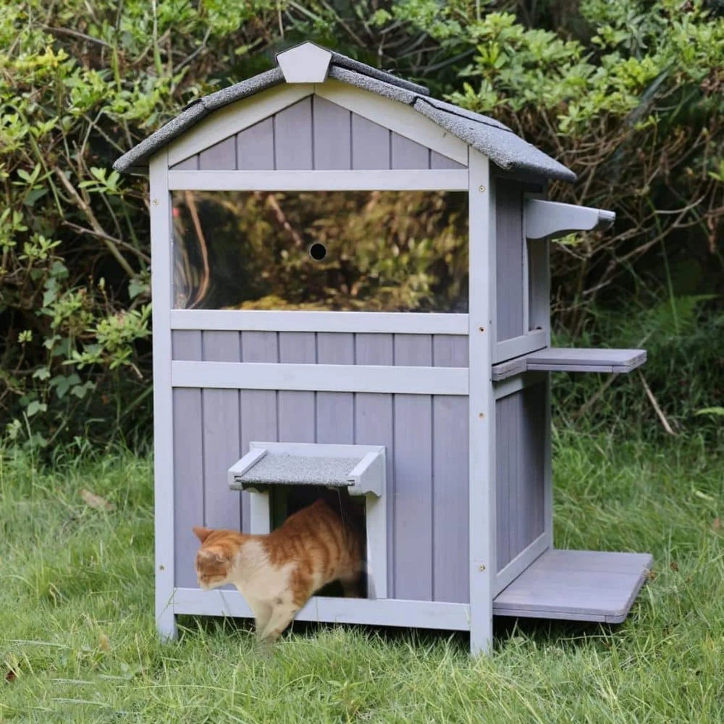 US Outdoor Cat House with 2-Levels, Waterproof Roof, Escape Doors and Ledge Seating