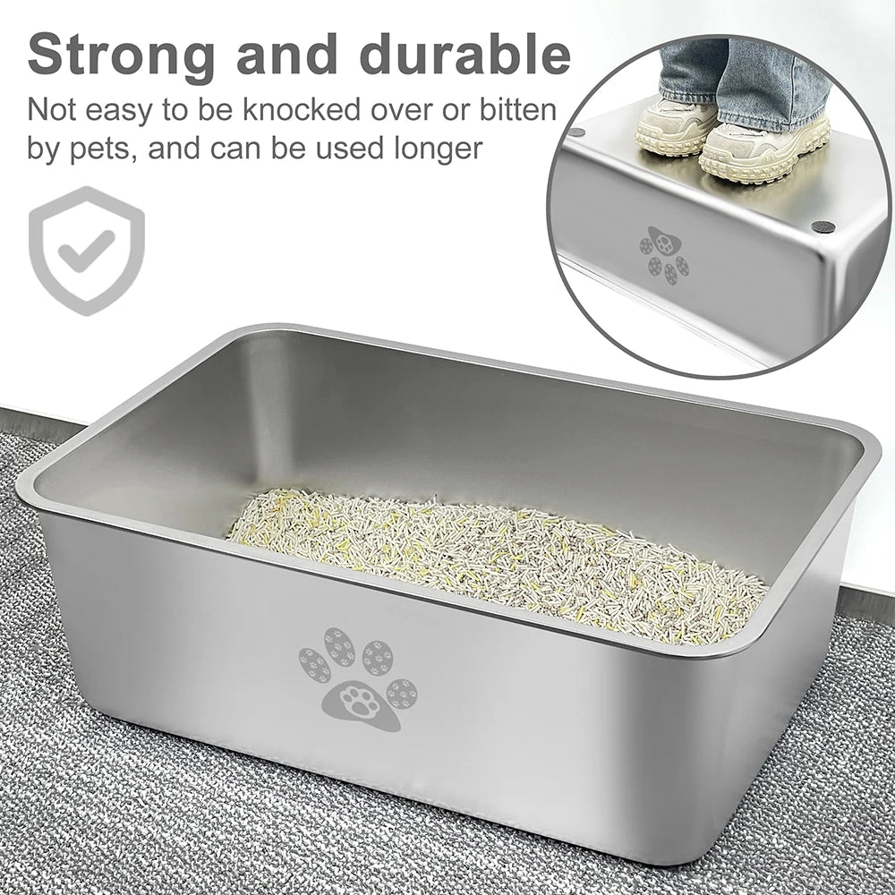 Stainless Steel Cat Litter Box High Side Cats Toilet Splash-Proof and Non-Stick Cat Poop Box odorless for Cat and Rabbits