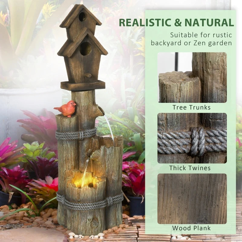 Outdoor Fountain with Birdhouse, Cascading Garden Waterfall Bird Bath with 3-Tier Rustic Tree Trunk / Log Design, LED Lights