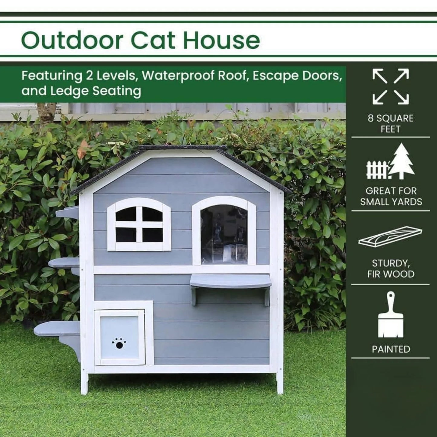 US Outdoor Cat House with 2-Levels, Waterproof Roof, Escape Doors and Ledge Seating