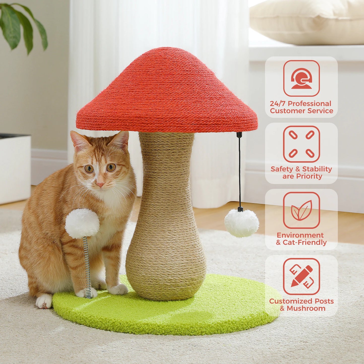 Small Cat Scratching Post with Spring Ball Mushroom for Indoor Natural Scratching Post for Cats