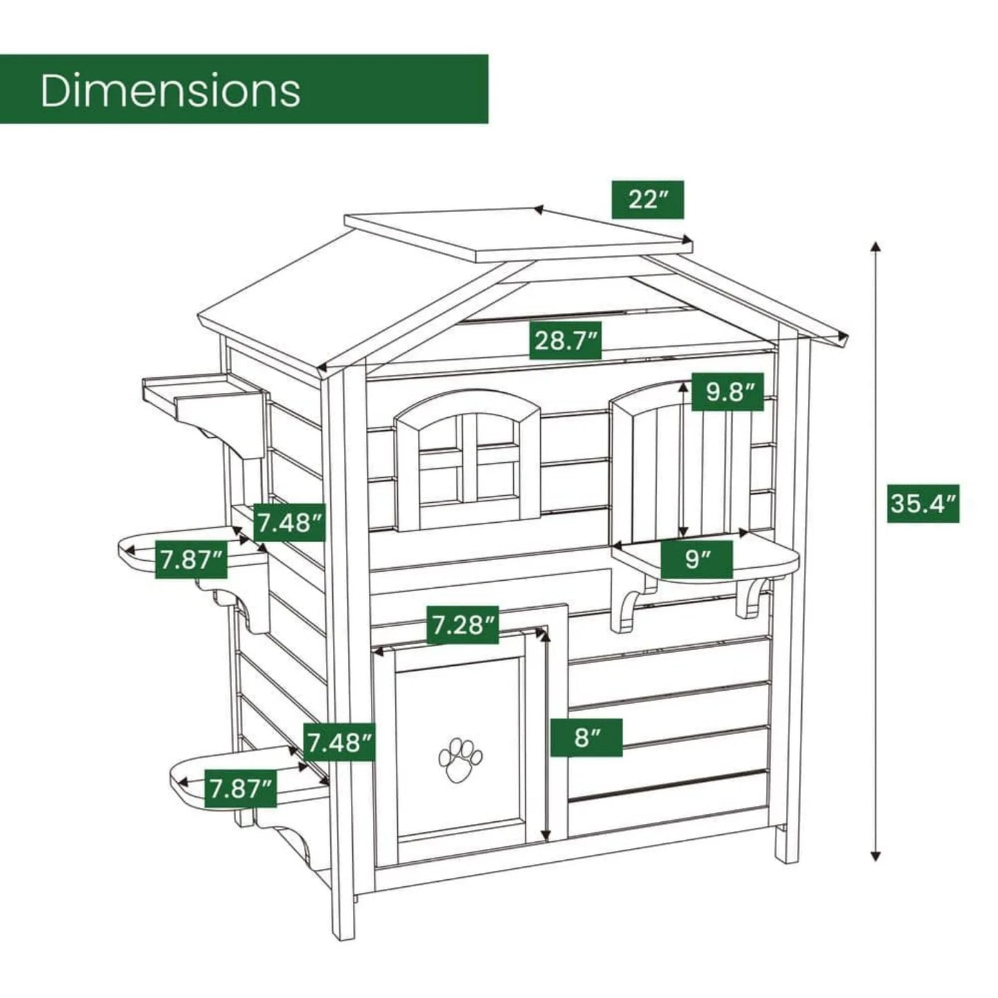 US Outdoor Cat House with 2-Levels, Waterproof Roof, Escape Doors and Ledge Seating