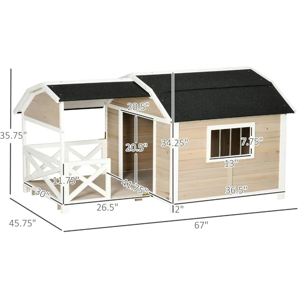 Wooden Dog House Outdoor with Porch Raised Pet Kennel for Medium Large Dogs, with Asphalt Roof, Front Door, Side Windows