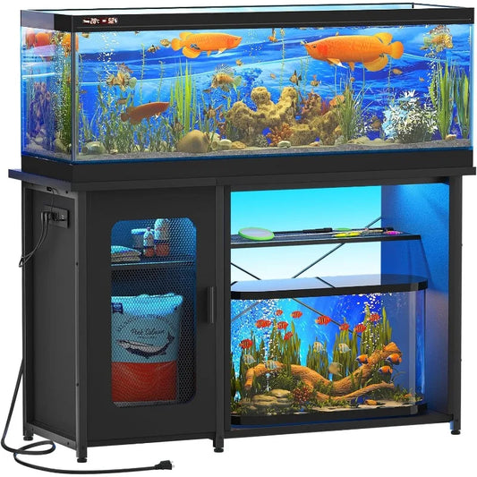 Fish Tank Stand with Power Outlets, Reversible Heavy Duty Metal Aquarium Stand with Cabinet