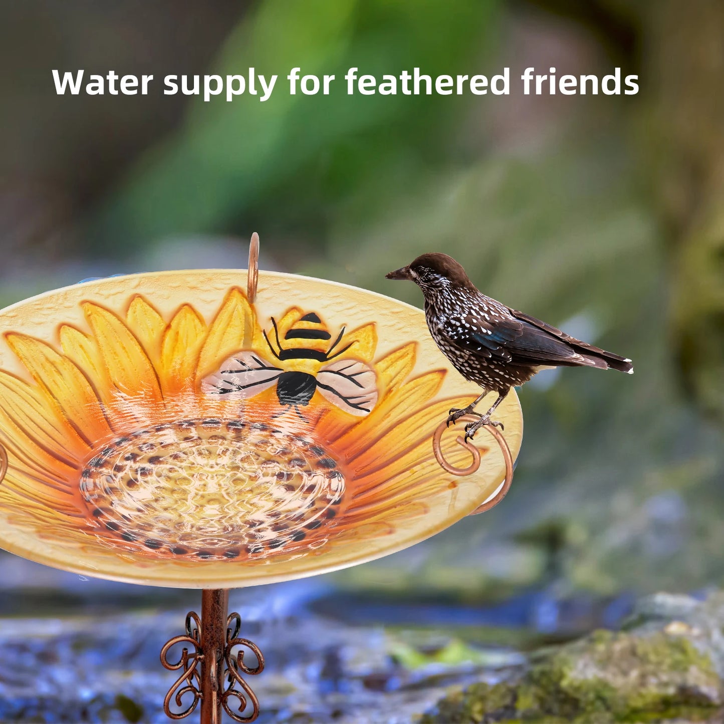 25 in Tall Yellow Glass Bird Bath Outdoor Birdbath Freestanding Bowl Birdfeeder Metal Stake