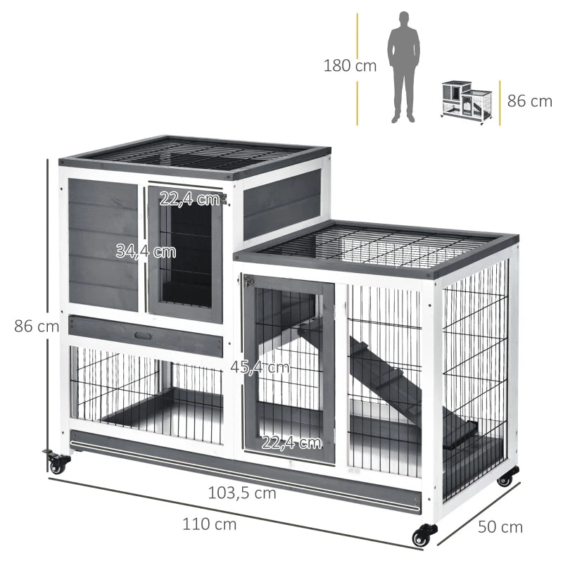 Wooden Indoor Rabbit Hutch Elevated Cage with Enclosed Run with Wheels Ideal for Rabbits and Guinea Pigs