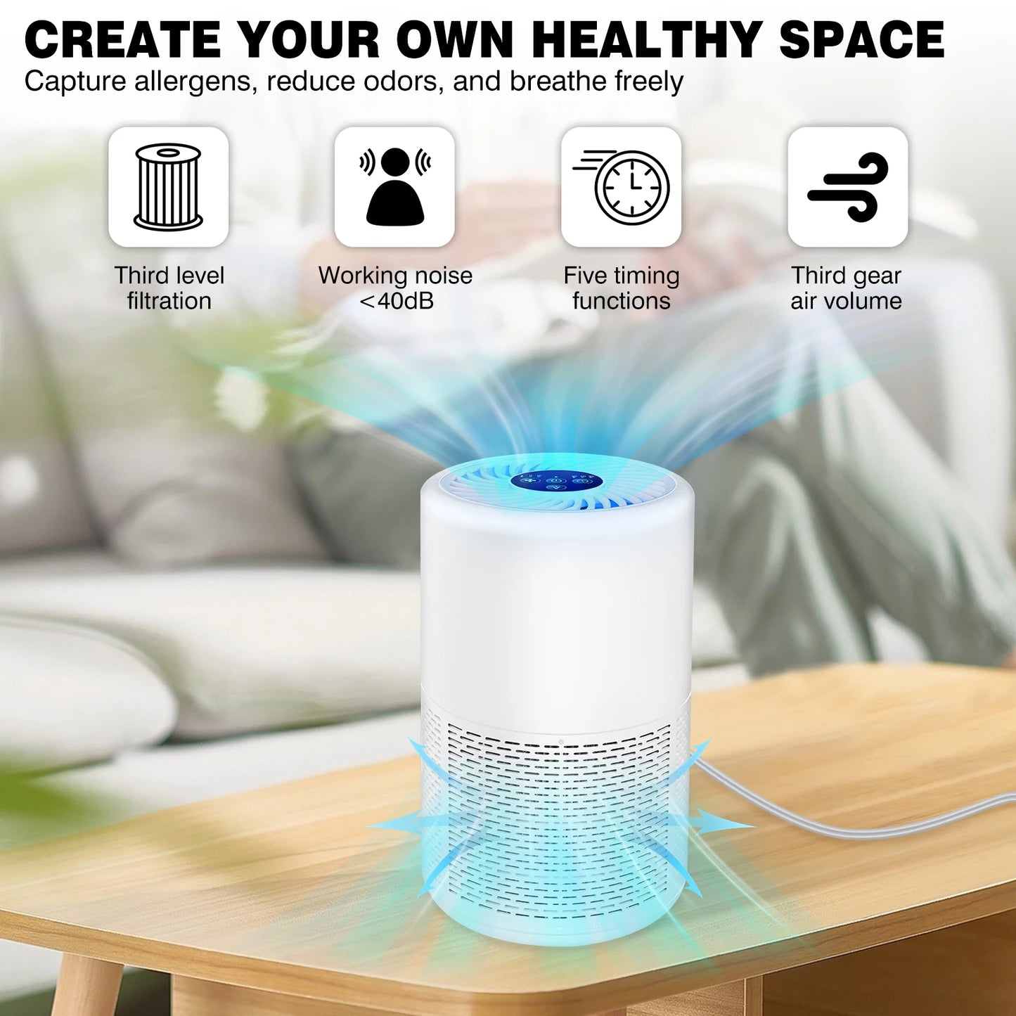 Air Purifier for Home, Allergies and Pets Hair, Smokers