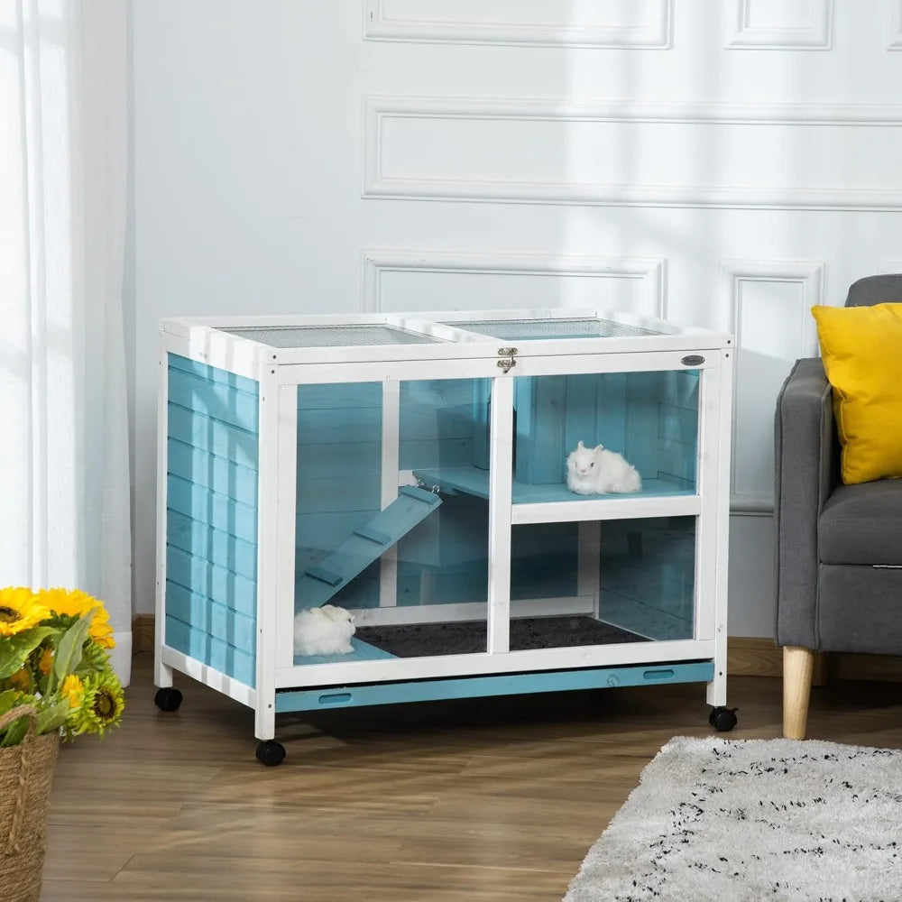 Indoor Rabbit Hutch with Wheels, Desk and Side Table