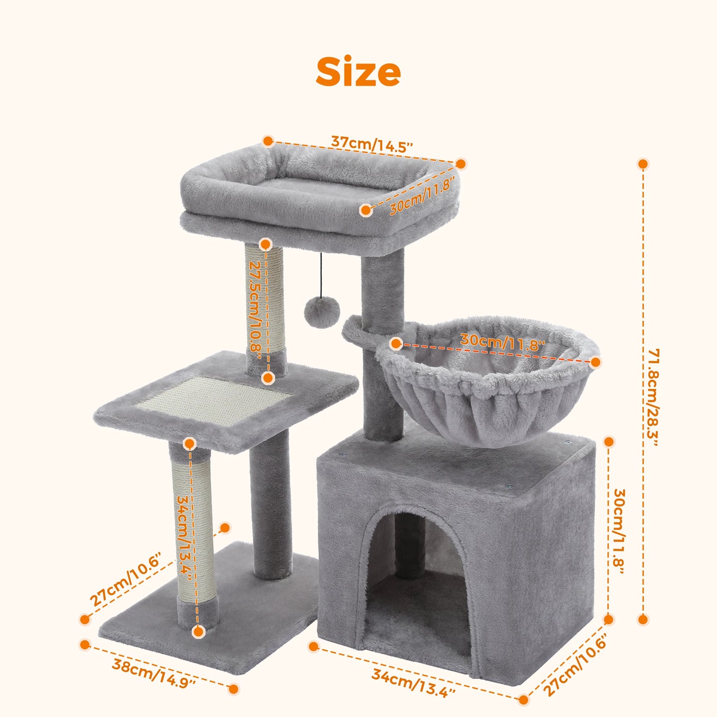 Cat Tower for Indoor Cats 2 Styles with Cat Scratching Posts Big Hammock and Removable Top Perch Grey