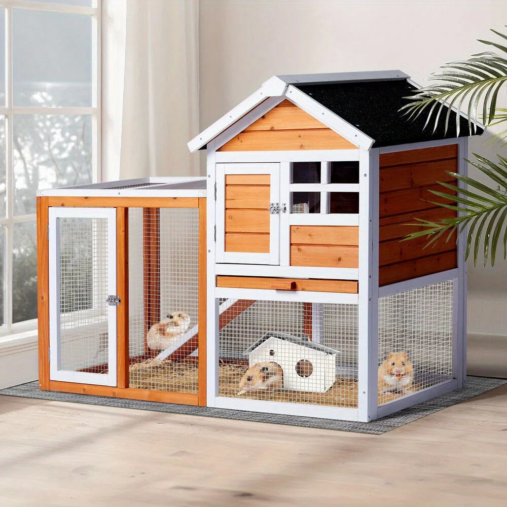 Wooden Rabbit Guinea Pig Hutch Poultry Cage Waterproof Roof