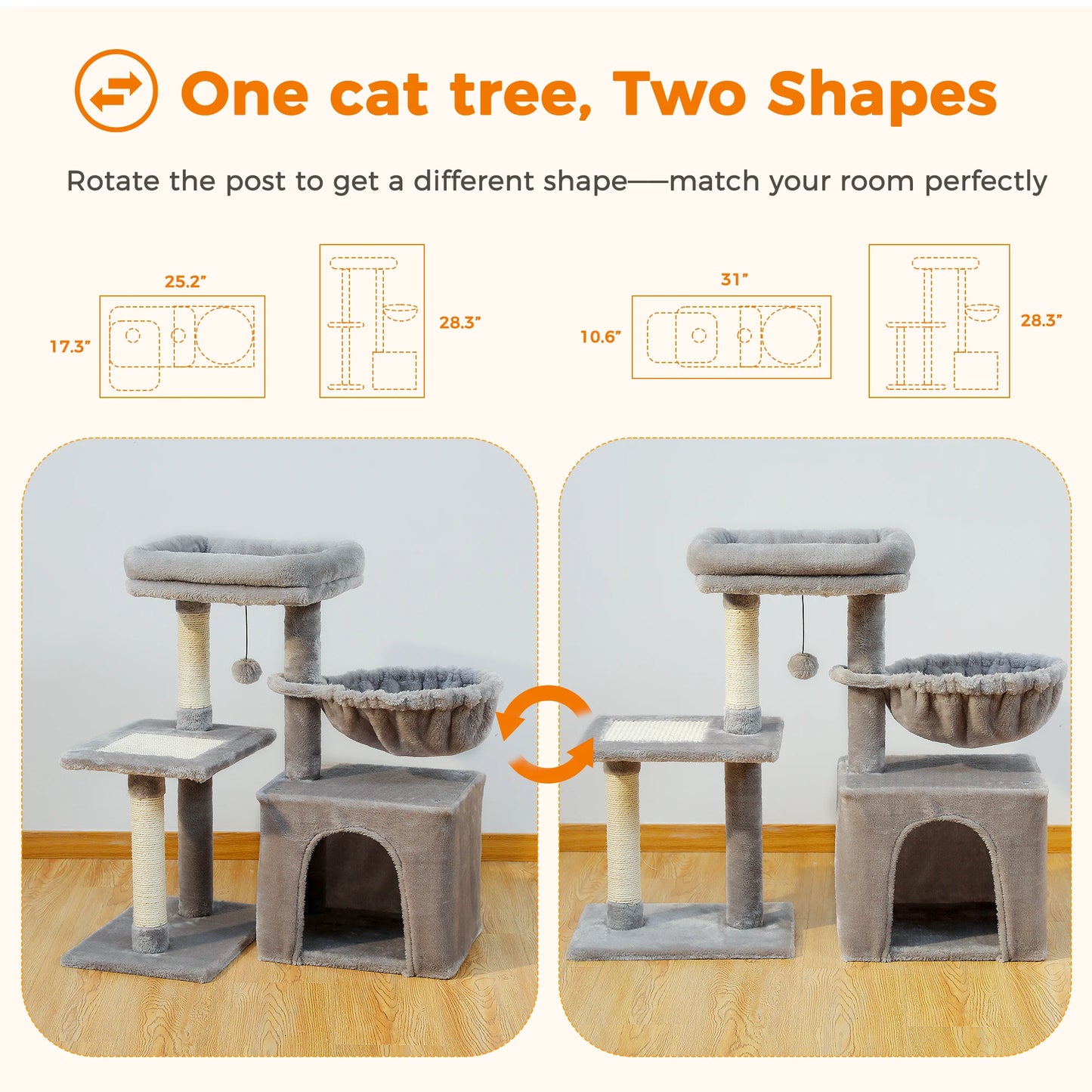 Cat Tower for Indoor Cats 2 Styles with Cat Scratching Posts Big Hammock and Removable Top Perch Grey