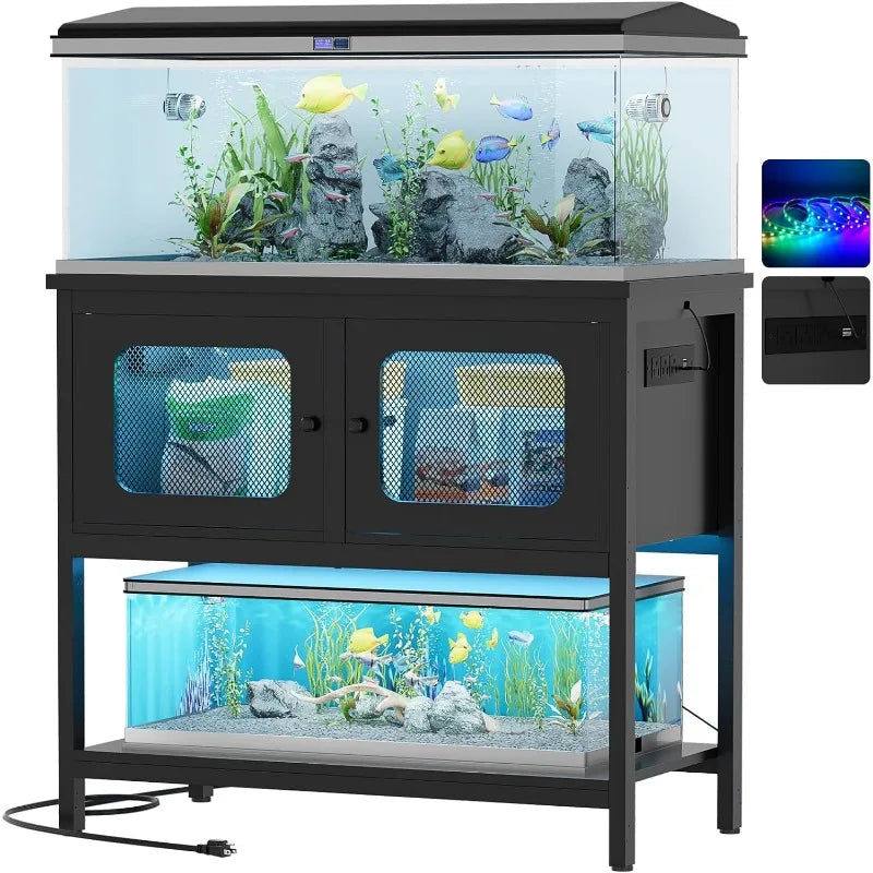 40 Gallon Fish Tank Stand with Magic Power Outlets and Smart LED Lights with Storage Cabinet