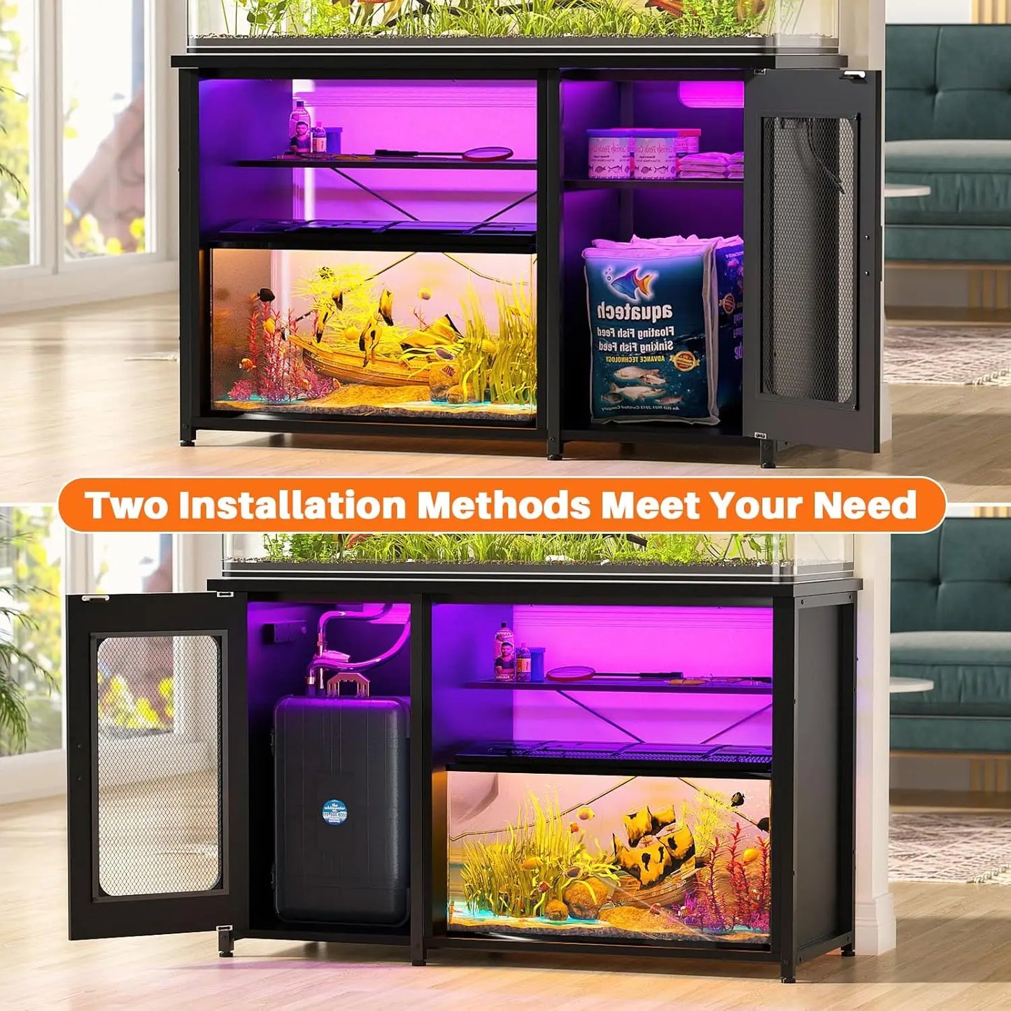 55-75 Gallon Aquarium Stand with Power Outlets & LED Light, Reversible Fish Tank Stand with Cabinet