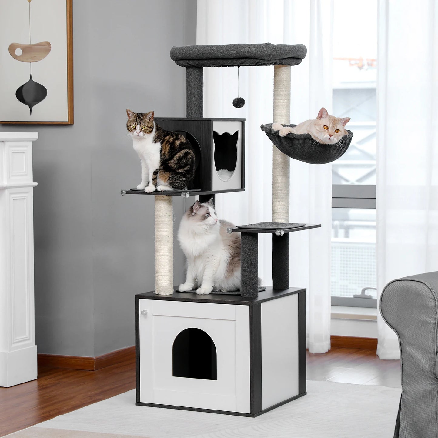 Cat Tree with Litter Box Enclosure Large Wood Cat Tower with Storage Cabinet