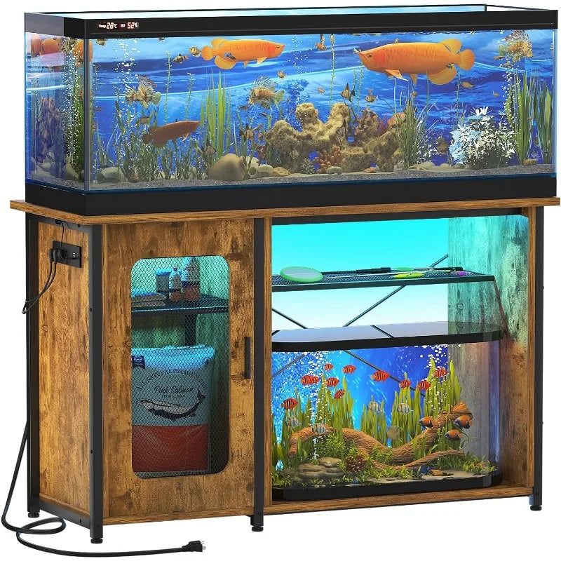 Fish Tank Stand with Power Outlets, Reversible Heavy Duty Metal Aquarium Stand with Cabinet