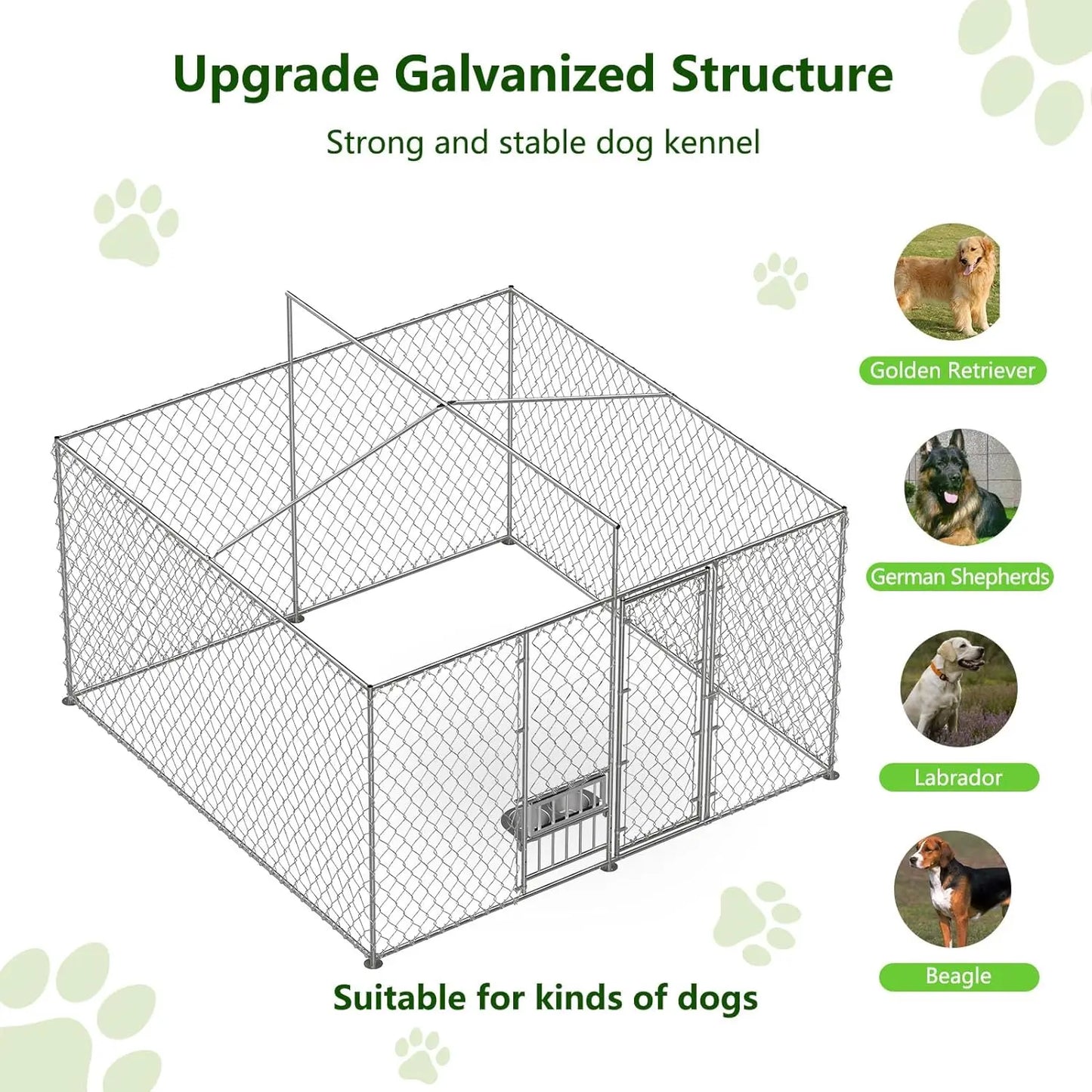 Dog Kennel Outdoor with Roof and Openable Feeding Doors Pen Enclosure Heavy Duty Chain Link