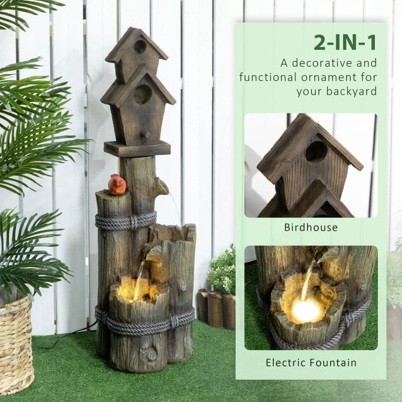 Outdoor Fountain with Birdhouse, Cascading Garden Waterfall Bird Bath with 3-Tier Rustic Tree Trunk / Log Design, LED Lights