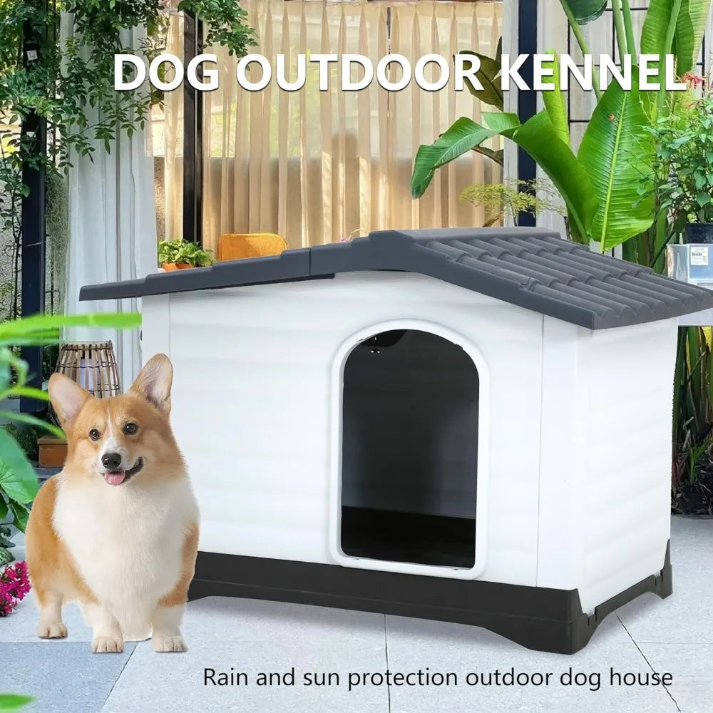 Durable Weatherproof Plastic Dog House with Air Vents and Elevated Floor Suitable for Indoor and Outdoor Use