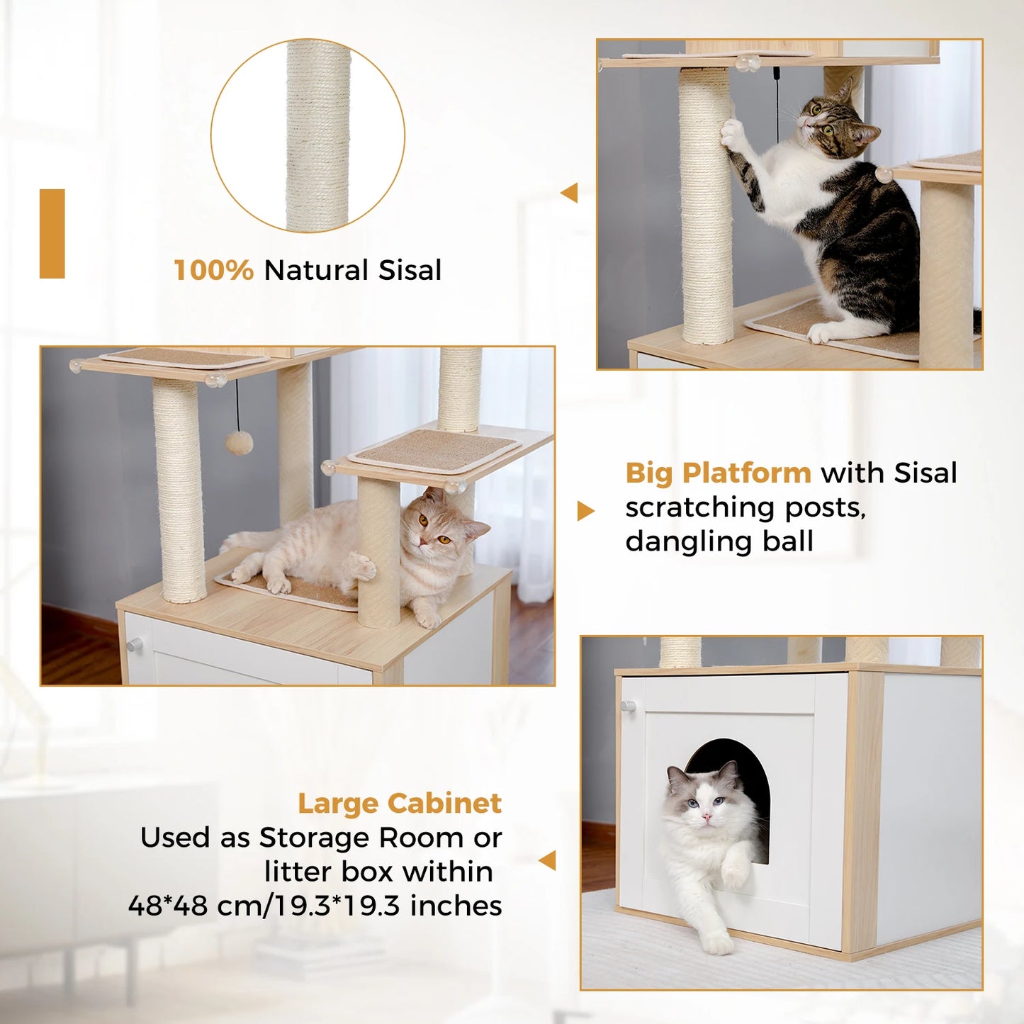 Cat Tree with Litter Box Enclosure Large Wood Cat Tower with Storage Cabinet