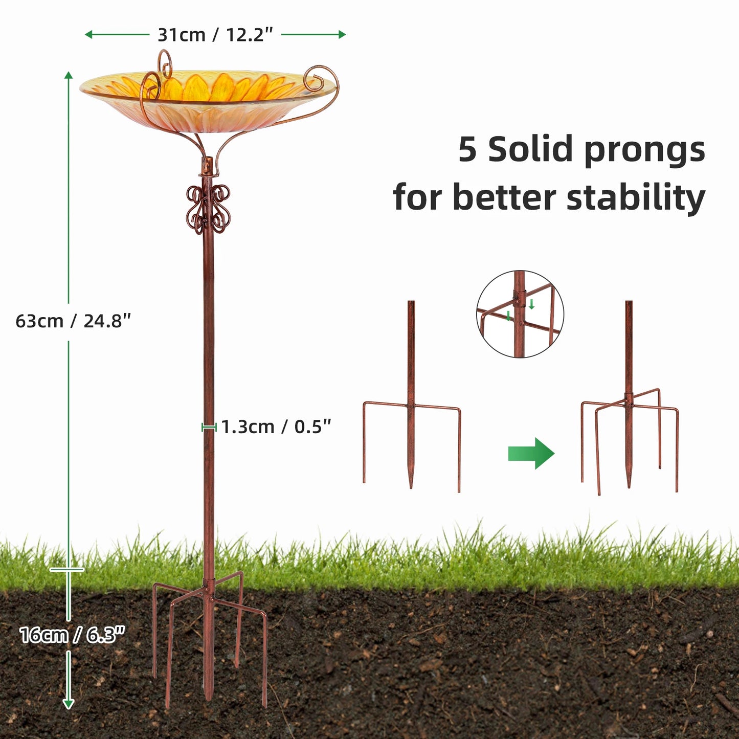 25 in Tall Yellow Glass Bird Bath Outdoor Birdbath Freestanding Bowl Birdfeeder Metal Stake