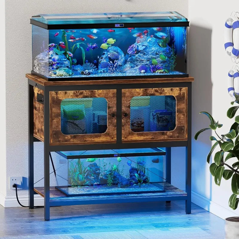 40 Gallon Fish Tank Stand with Magic Power Outlets and Smart LED Lights with Storage Cabinet