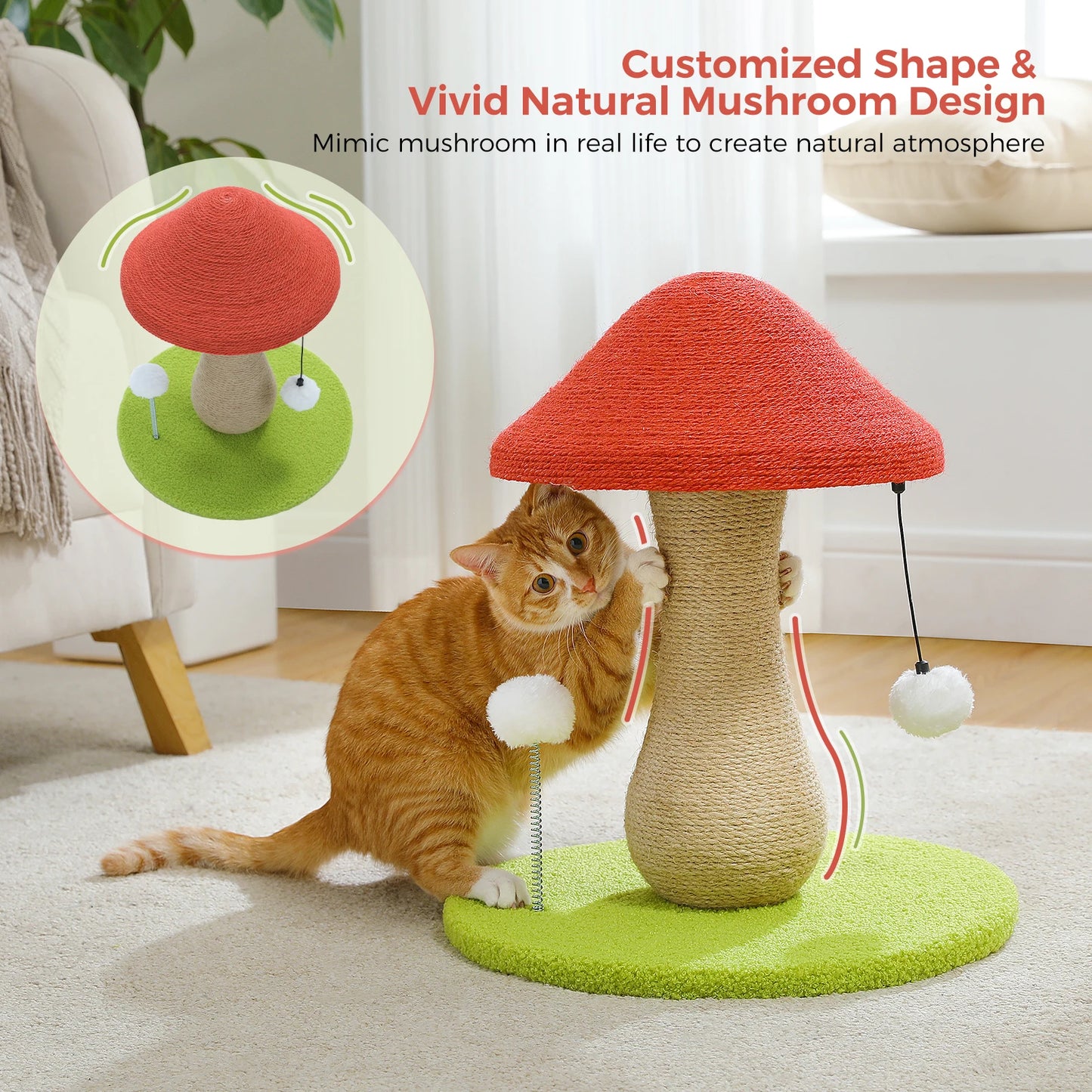 Small Cat Scratching Post with Spring Ball Mushroom for Indoor Natural Scratching Post for Cats