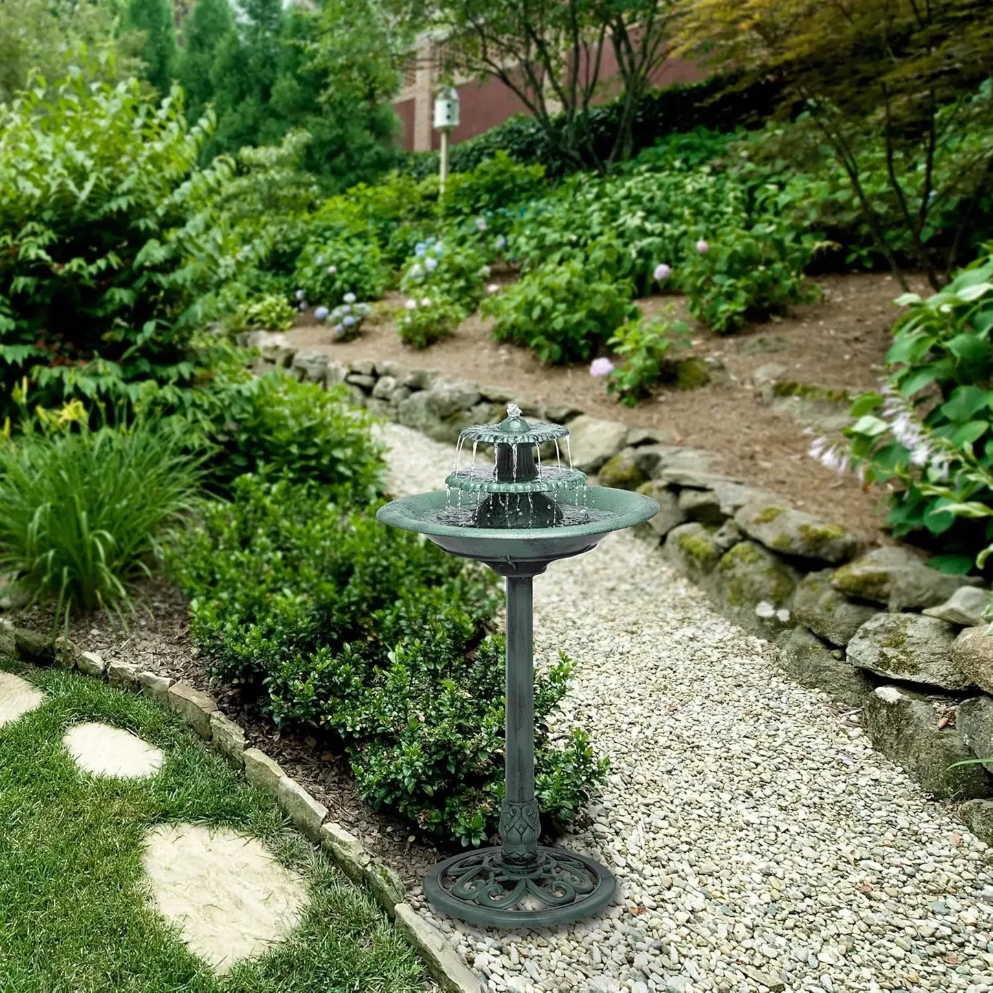 Outdoor Floor 3-Tiered Pedestal Water Fountain and Birdbath