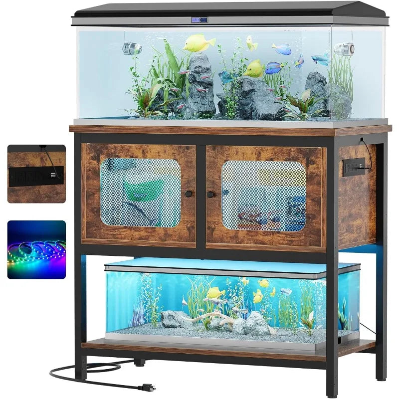 40 Gallon Fish Tank Stand with Magic Power Outlets and Smart LED Lights with Storage Cabinet