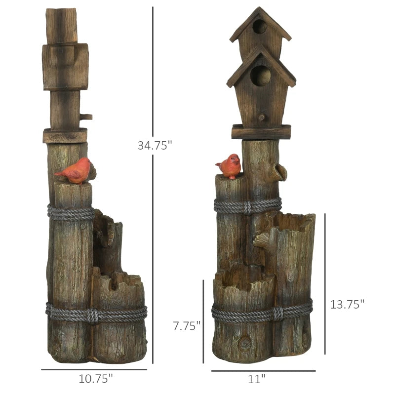 Outdoor Fountain with Birdhouse, Cascading Garden Waterfall Bird Bath with 3-Tier Rustic Tree Trunk / Log Design, LED Lights