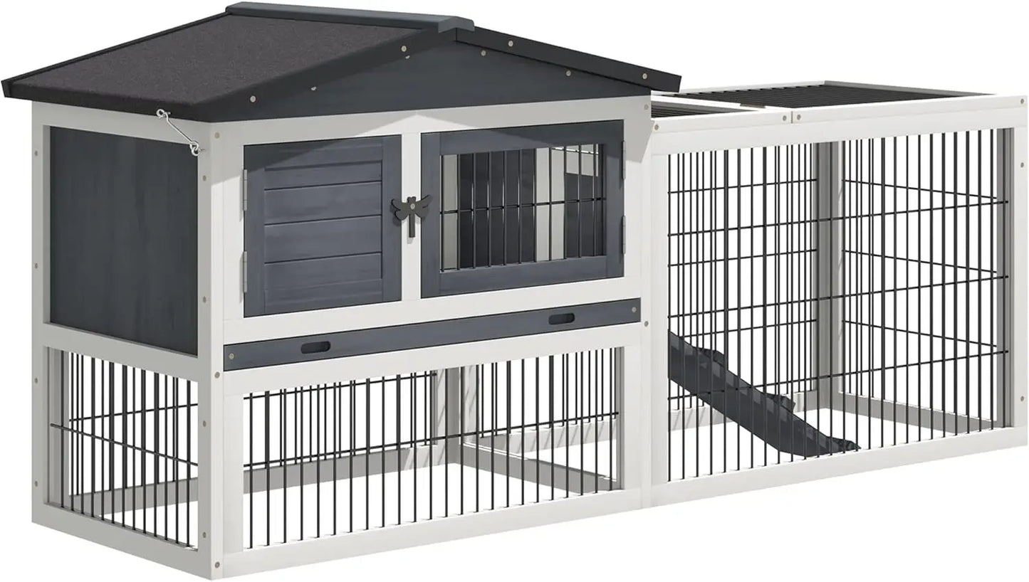 Rabbit Hutch, 2 Story Outdoor Bunny Cage with Slide-Out Tray