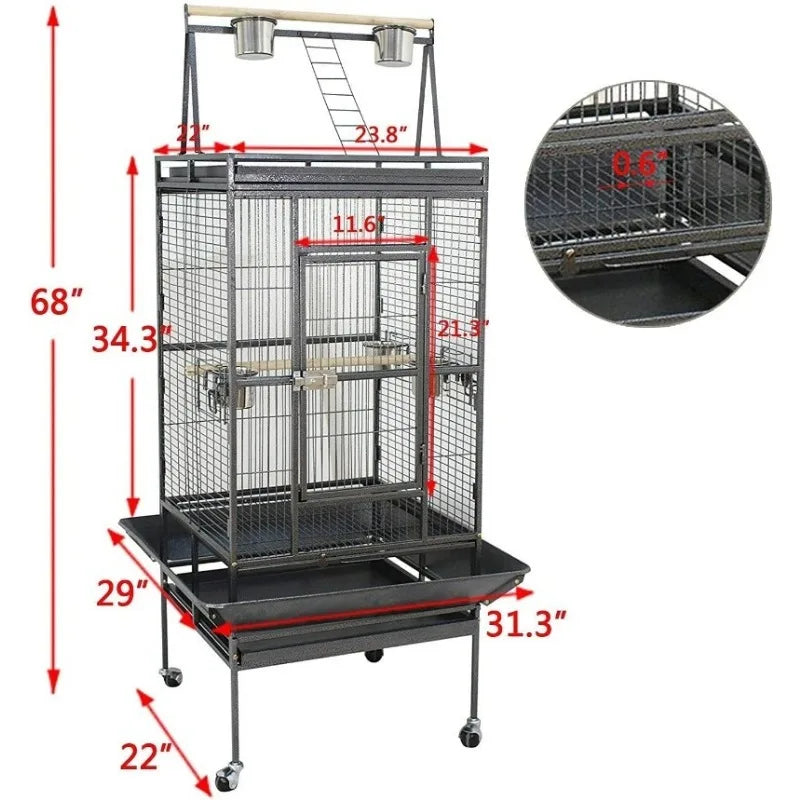 68-inch Large Bird Cage with Rolling Stand Parrot Chinchilla Finch Cage Cockatiel Cockatoo