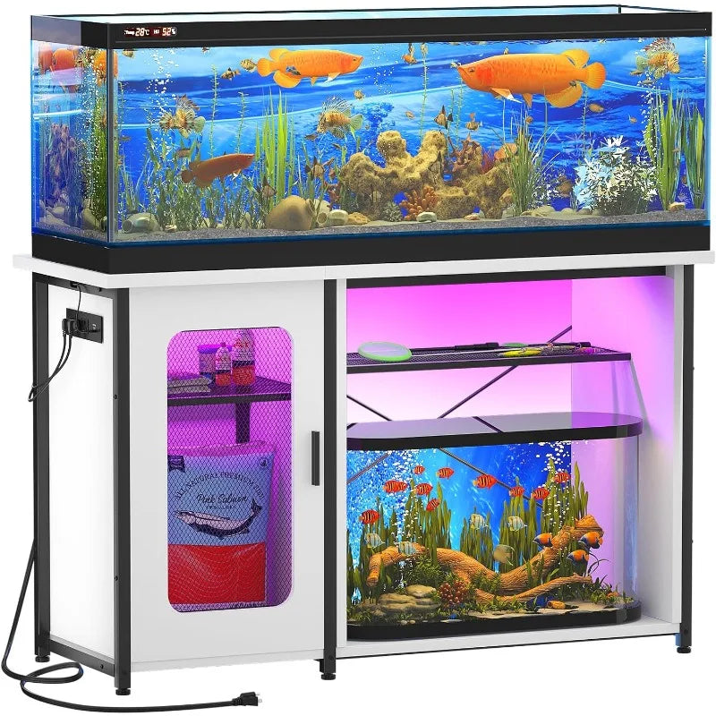 Fish Tank Stand with Power Outlets, Reversible Heavy Duty Metal Aquarium Stand with Cabinet