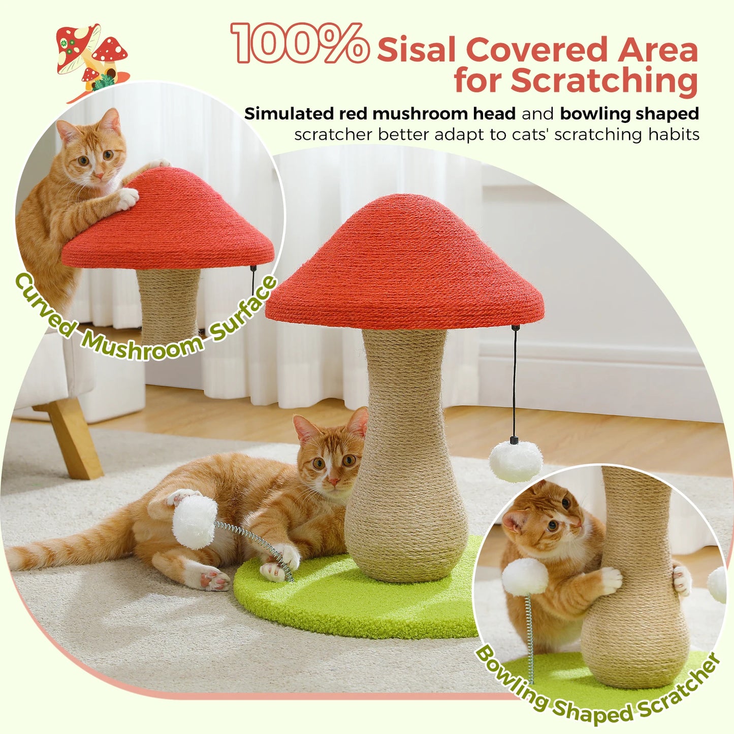 Small Cat Scratching Post with Spring Ball Mushroom for Indoor Natural Scratching Post for Cats