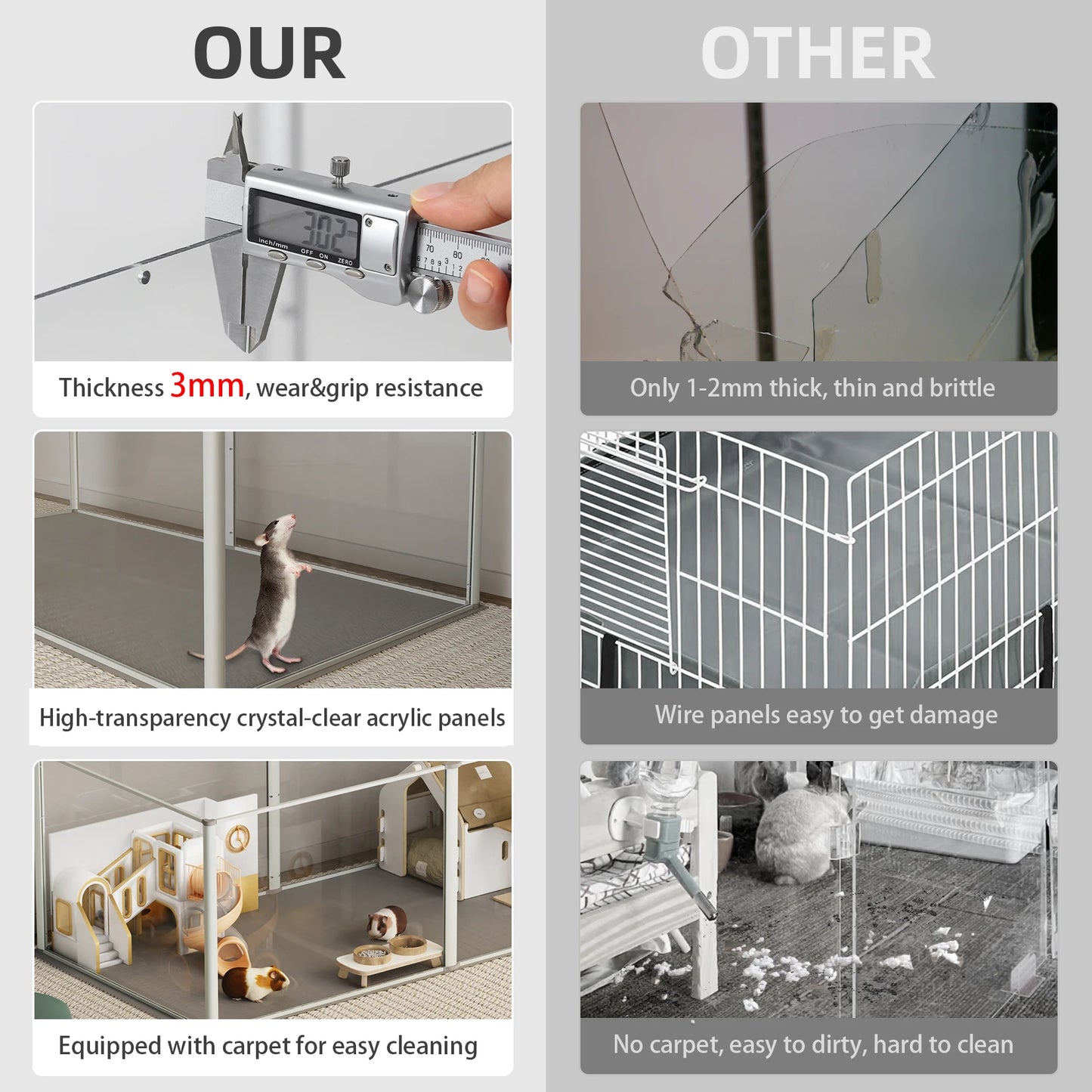 Transparent Acrylic Playpen Cage A Waterproof Hamster Yard Fence with Clear Cushioned Pad, Perfect for Small  Indoor Animals