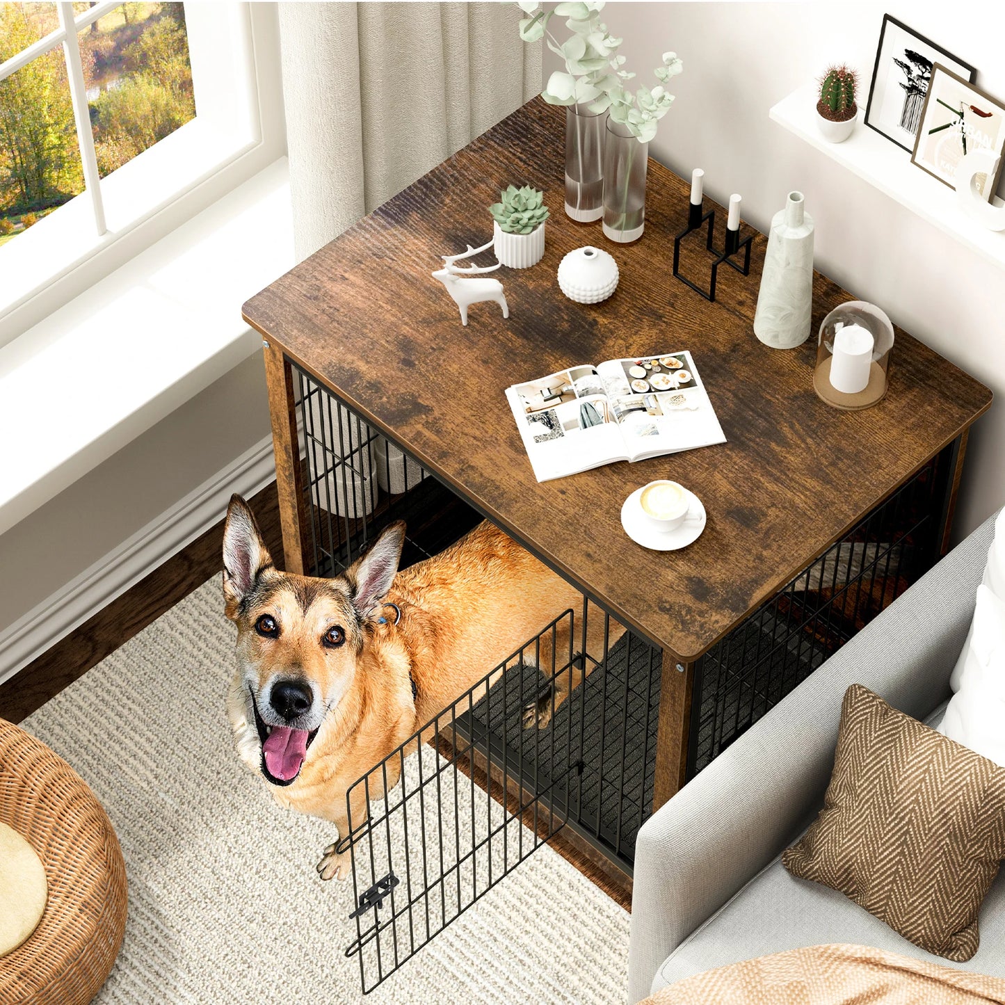 Spacious Dog Cage Furniture End Table Indoor Wooden