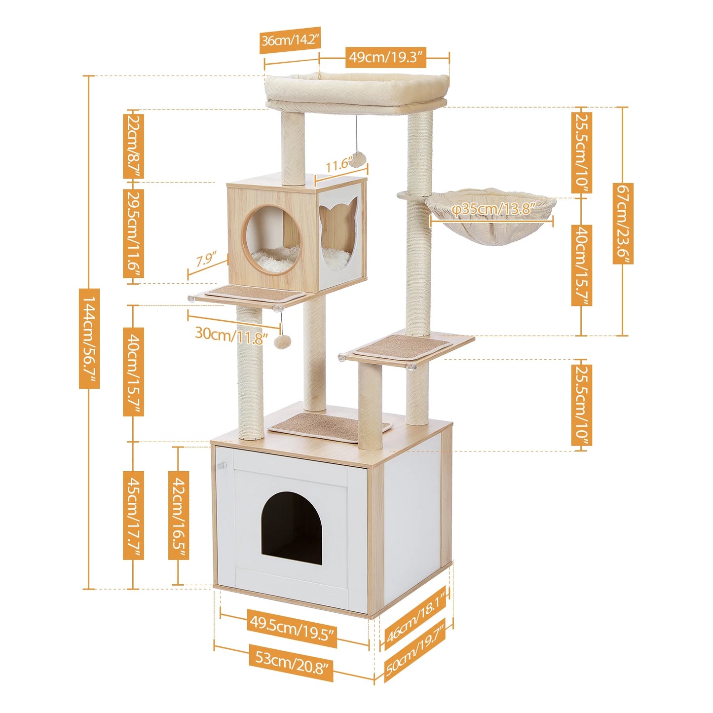 Cat Tree with Litter Box Enclosure Large Wood Cat Tower with Storage Cabinet