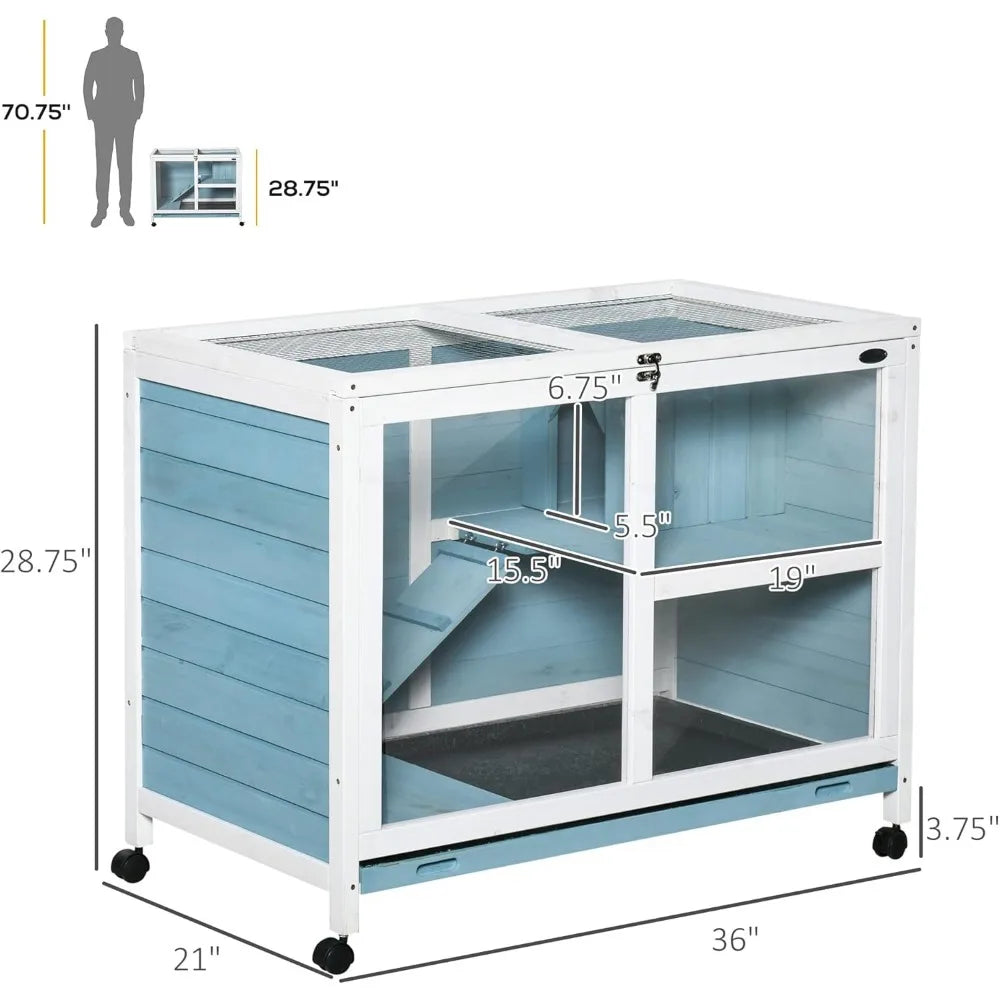 Indoor Rabbit Hutch with Wheels, Desk and Side Table