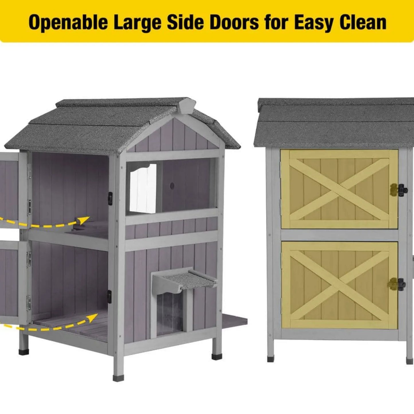 US Outdoor Cat House with 2-Levels, Waterproof Roof, Escape Doors and Ledge Seating