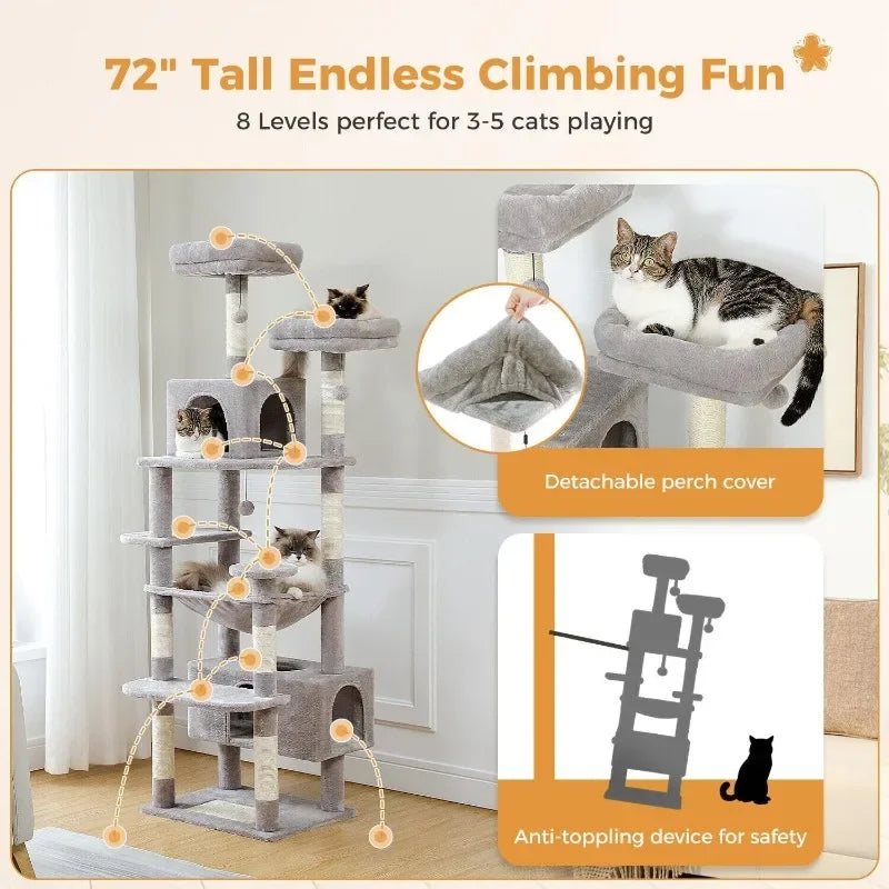 Large 72 Inch Cat Tree and Tower for Indoor Cats-With Sisal-Covered Scratching Posts Padded Perches Condos and Basket