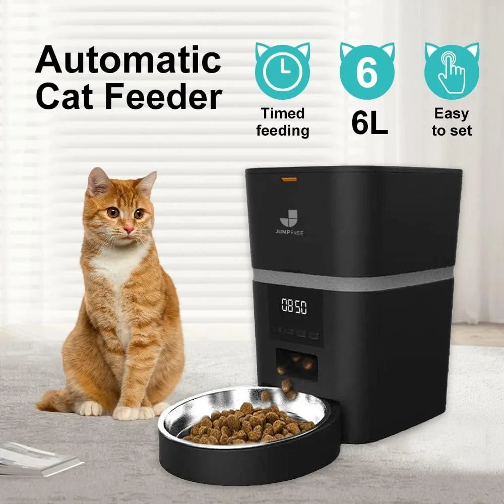 Automatic Cat Feeder 6 L Black Button Enabled Smart Dry Food Dispenser with Stainless Bowls Detachable for Multiple Pets(25 Cup)