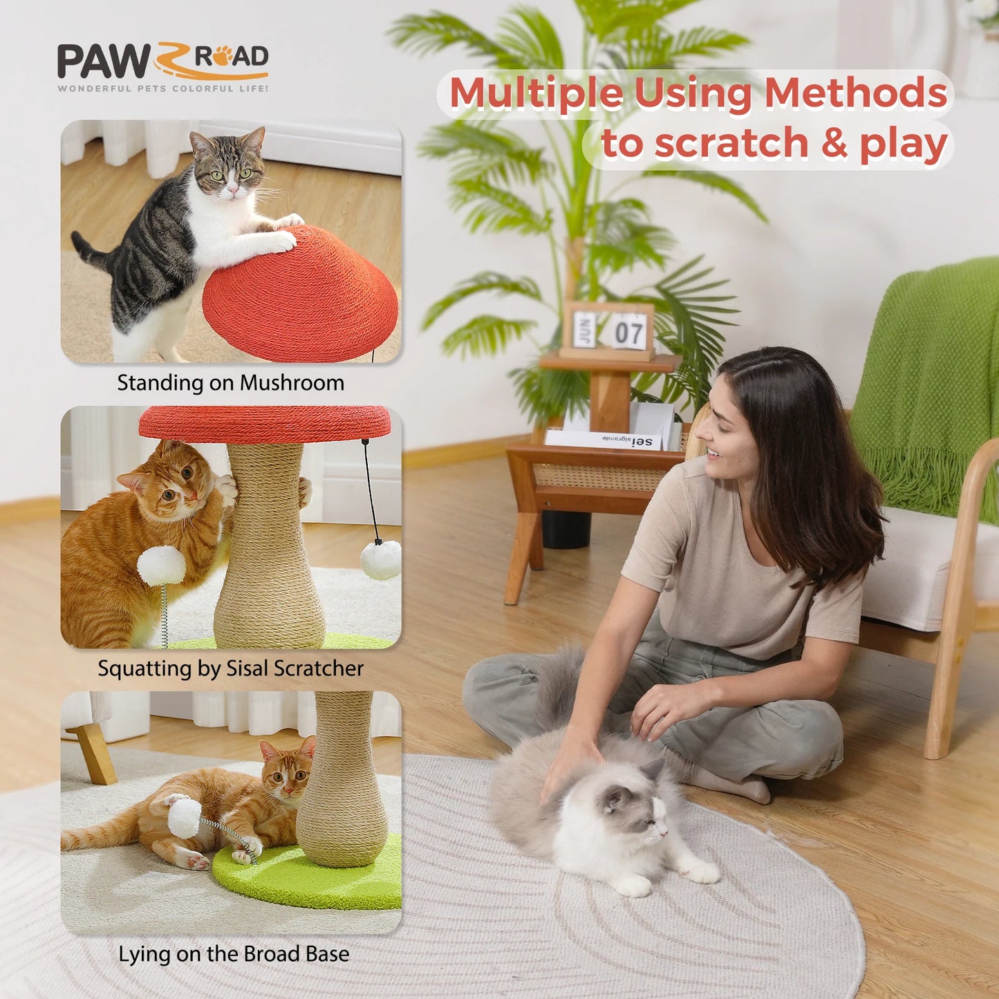 Small Cat Scratching Post with Spring Ball Mushroom for Indoor Natural Scratching Post for Cats