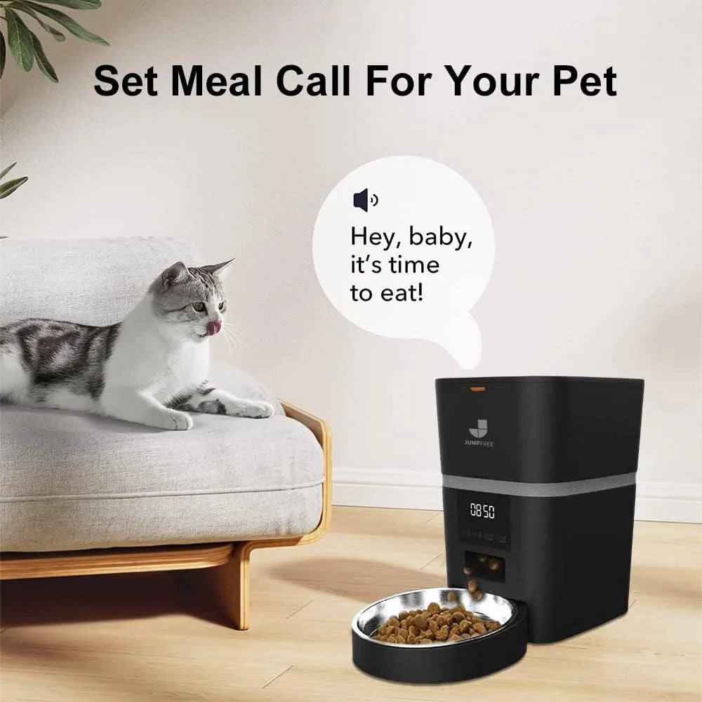 Automatic Cat Feeder 6 L Black Button Enabled Smart Dry Food Dispenser with Stainless Bowls Detachable for Multiple Pets(25 Cup)