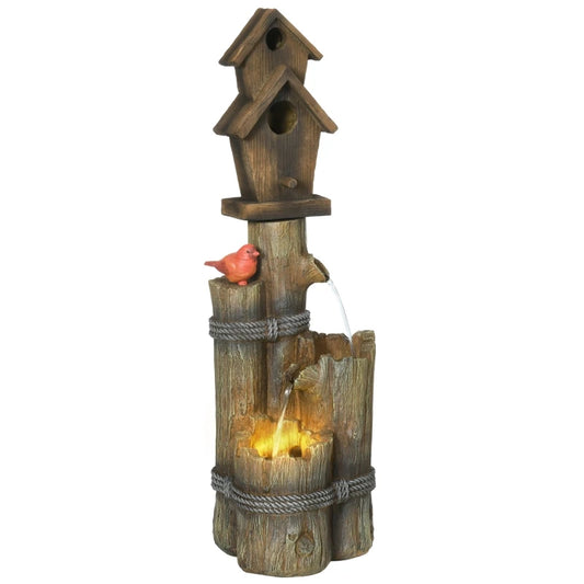 Outdoor Fountain with Birdhouse, Cascading Garden Waterfall Bird Bath with 3-Tier Rustic Tree Trunk / Log Design, LED Lights