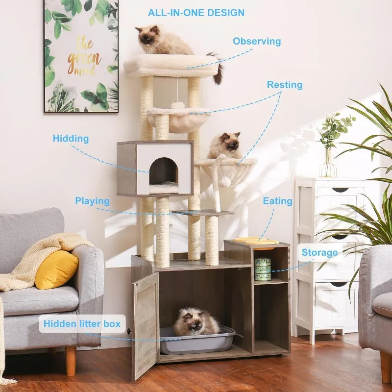 Cat Tree with Litter Box Enclosure, All-in-one Cat Tower for Indoor