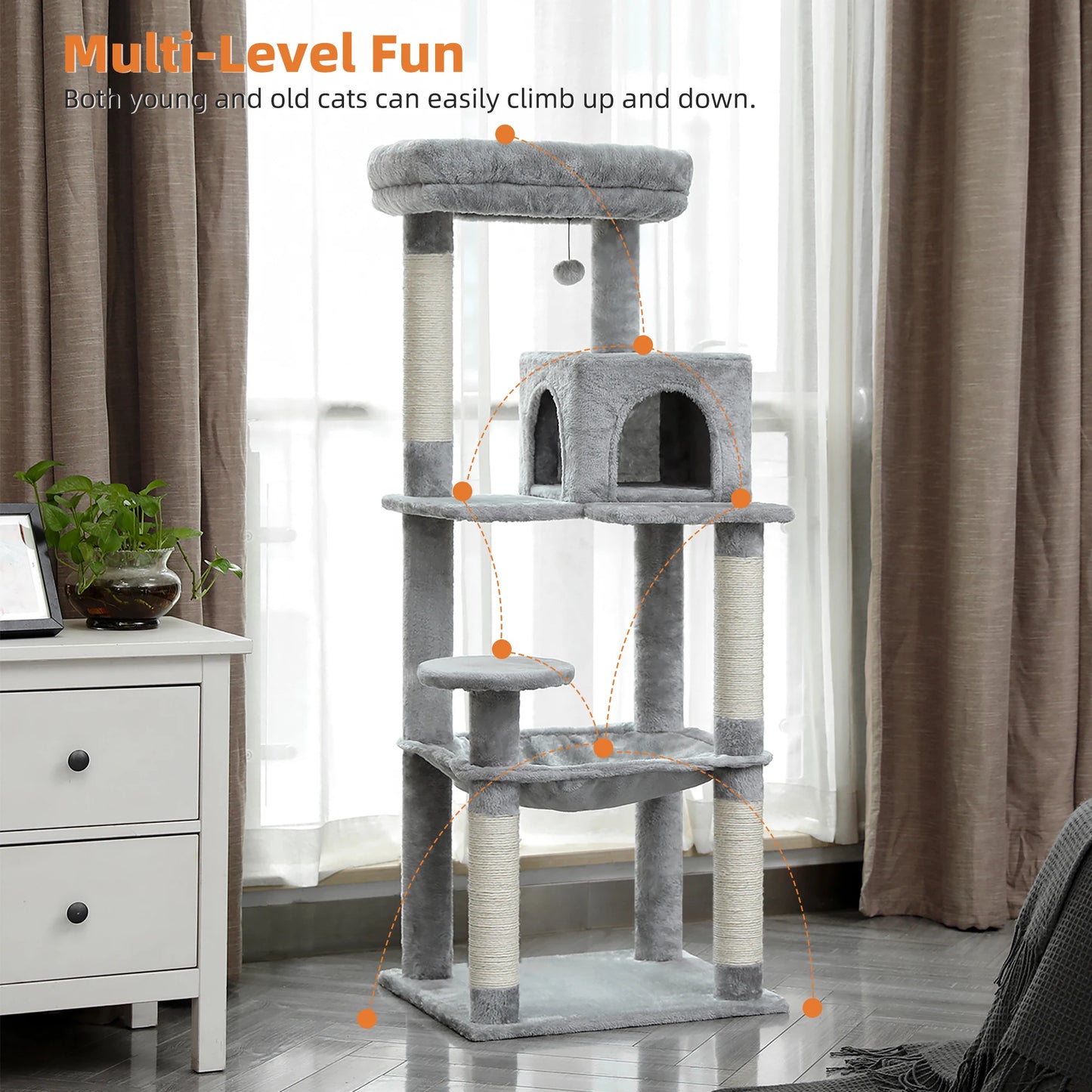 Cat Tree for Indoor Cats with Large Hammock Sisal Covered Scratching Posts