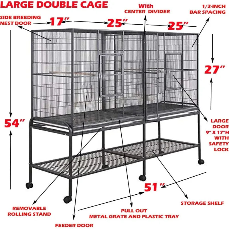 Large Double Birdhouse Treehouse Center Divider Cage with Rolling Stand