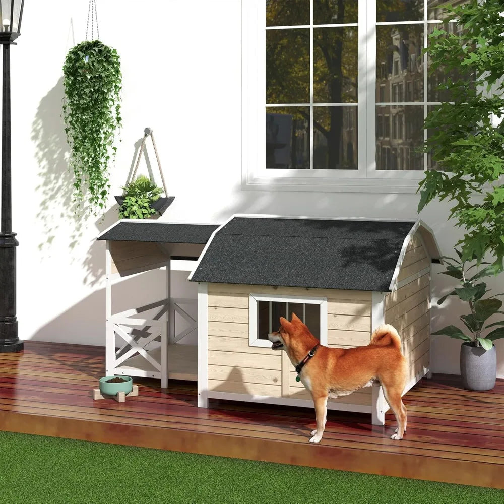 Wooden Dog House Outdoor with Porch Raised Pet Kennel for Medium Large Dogs, with Asphalt Roof, Front Door, Side Windows