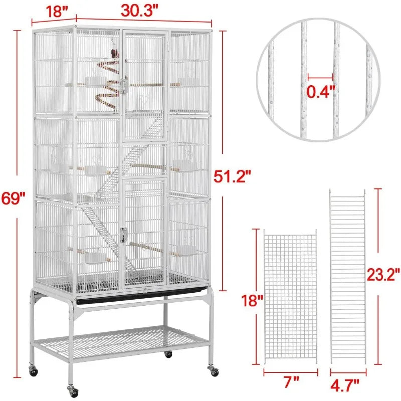 69'' Extra Large Bird Cage Metal Parrot Cage w/Detachable Stand for Mid-Sized Parrots Cockatiels Conures Parakeets Lovebirds